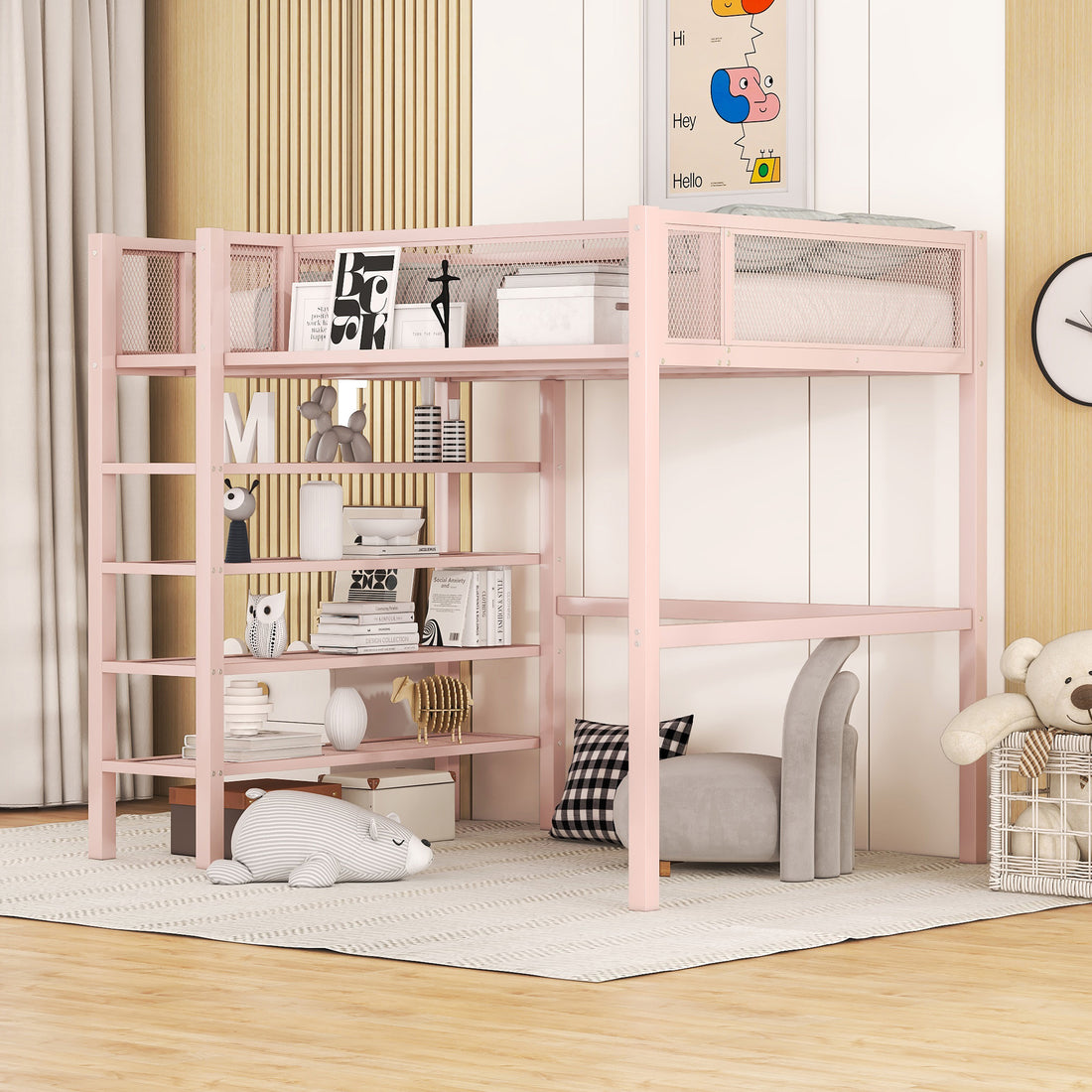 Twin Size Metal Loft Bed With 4 Tier Shelves And Storage, Pink Pink Metal