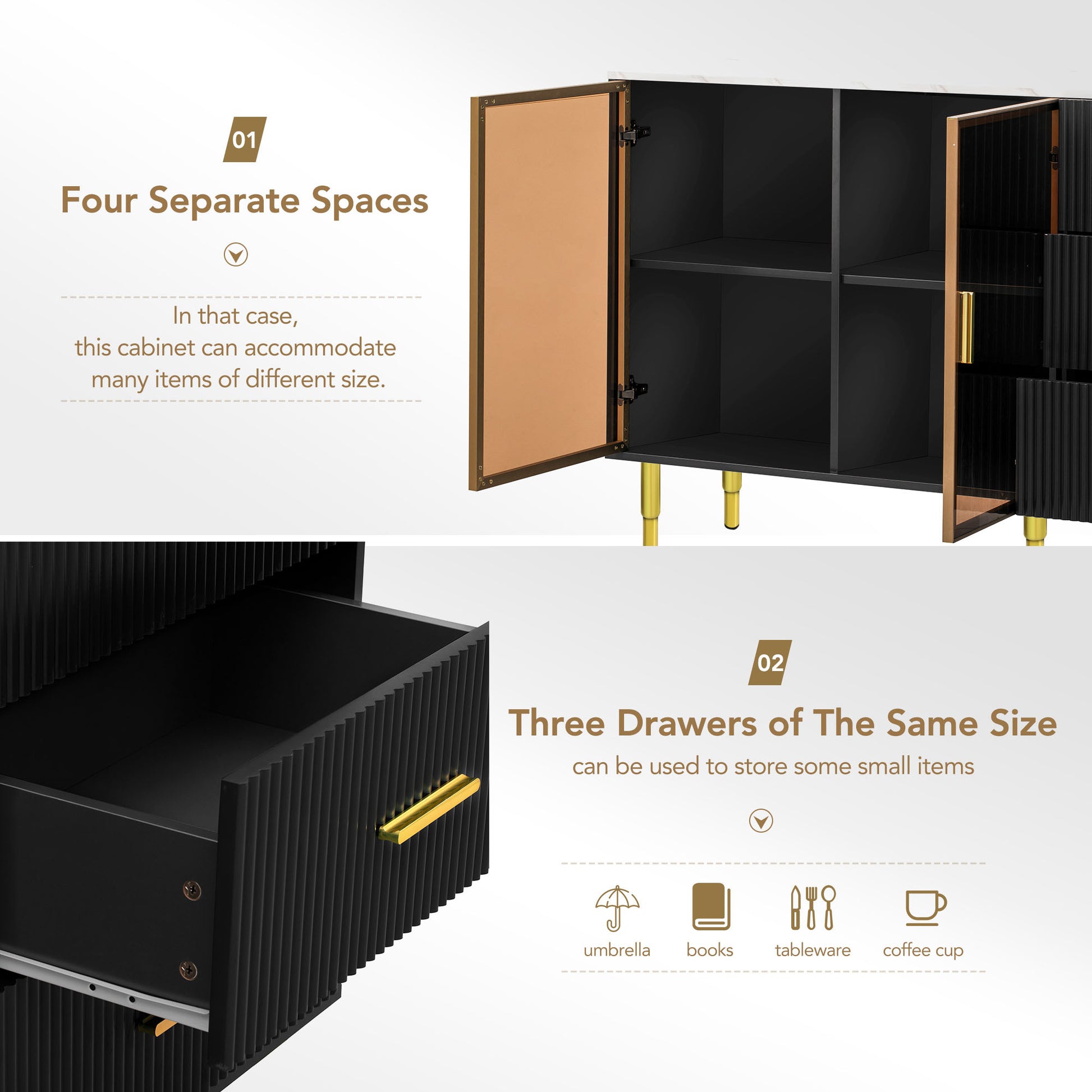 Modern Sideboard Mdf Buffet Cabinet Marble Sticker Tabletop And Amber Yellow Tempered Glass Doors With Gold Metal Legs & Handles Black Black Mdf Glass