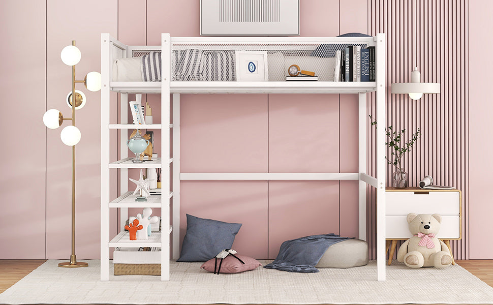 Twin Size Metal Loft Bed With 4 Tier Shelves And Storage, White White Metal