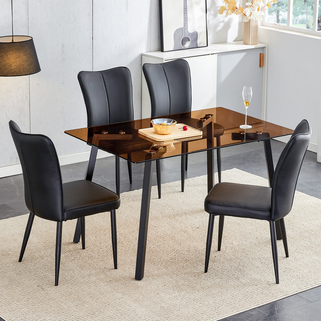 One Table And 4 Black Pu Chairs. Rectangular Tea Brown Glass Dining Table, Tempered Glass Tabletop And Black Metal Legs, Suitable For Kitchen, Dining Room, And Living Room, 51 "* 31.5" * 29.5" Dark Brown Glass