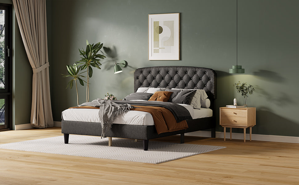 Queen Size Adjustable Headboard With Fine Linen Upholstery And Button Tufting For Bedroom, Wave Top Dark Grey Dark Grey Wood