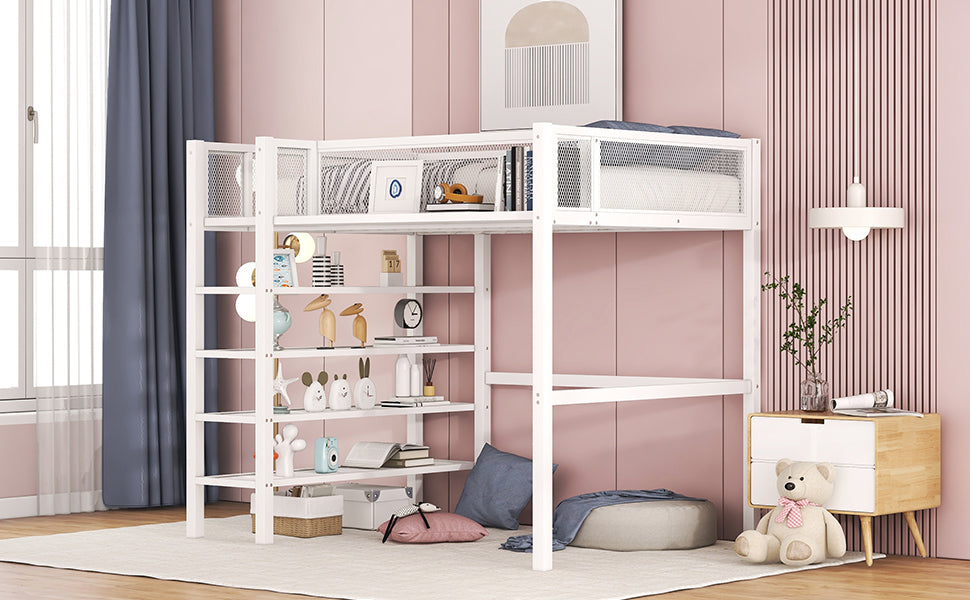 Twin Size Metal Loft Bed With 4 Tier Shelves And Storage, White White Metal