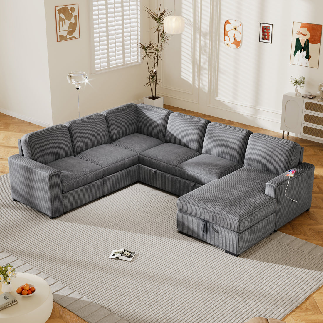 U Shaped Corduroy Combination Corner Sofa With Storage Lounge Chair, 6 Seater Oversized Sofa, With Usb Interfaces,Suitable For Living Room, Office, And Spacious Space Gray Polyester 6 Seat