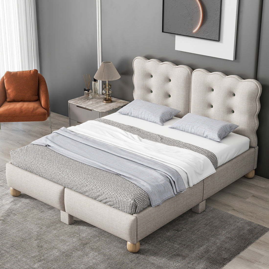 Full Size Upholstered Platform Bed With Support Legs,Beige Beige Upholstered