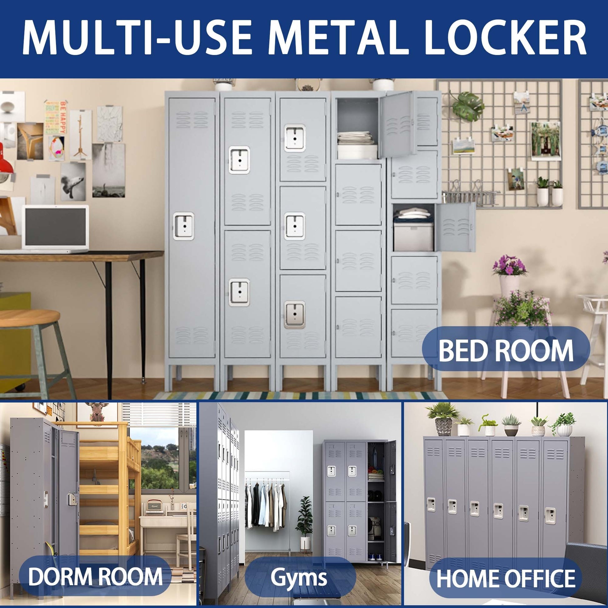 4 Door 66"H Metal Lockers With Lock for freestanding-3-4 spaces-gray-gym-door