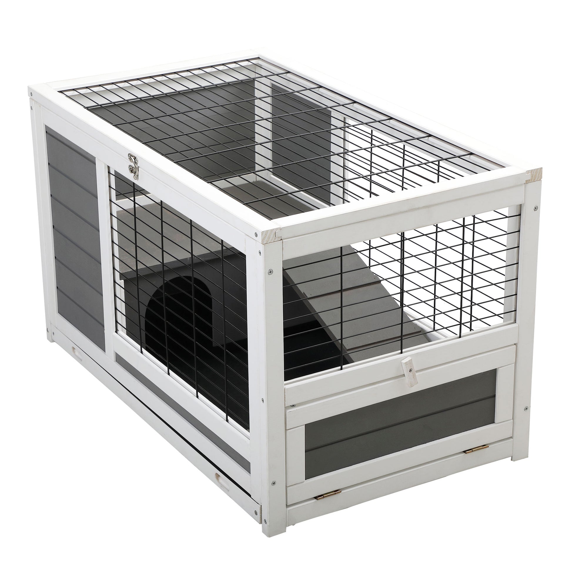 Luxury 2 Storey Pet House Box Wooden Cage Comfy Cabin For Small Animals, Grey White Grey Wood