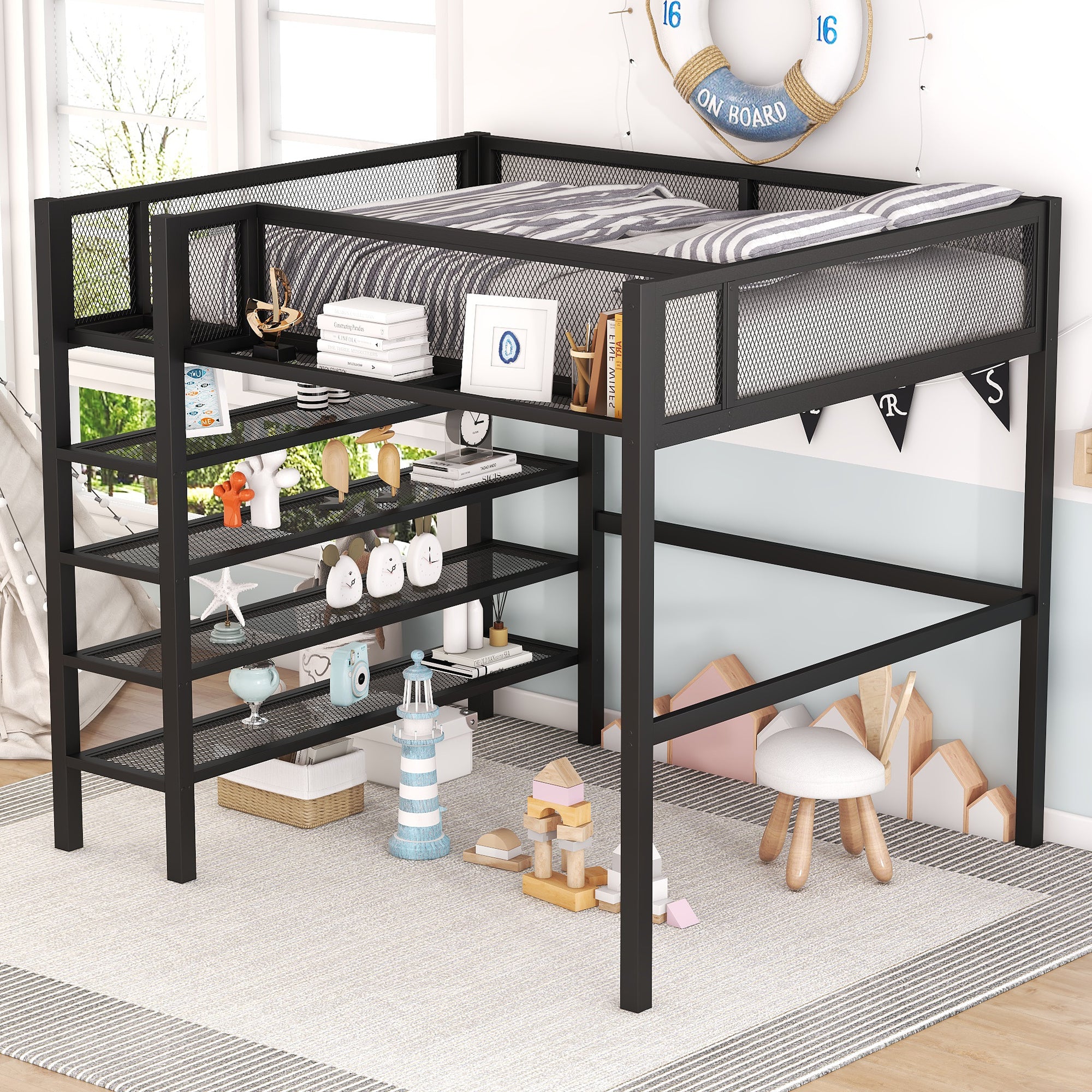 Full Size Metal Loft Bed With 4 Tier Shelves And Storage Black Full B