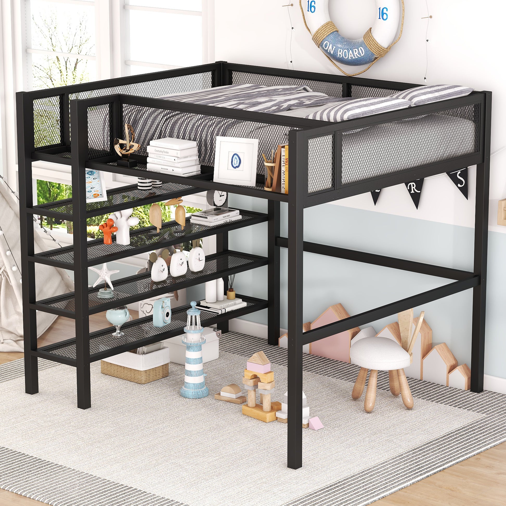 Full Size Metal Loft Bed With 4 Tier Shelves And Storage, Black Full Black Metal