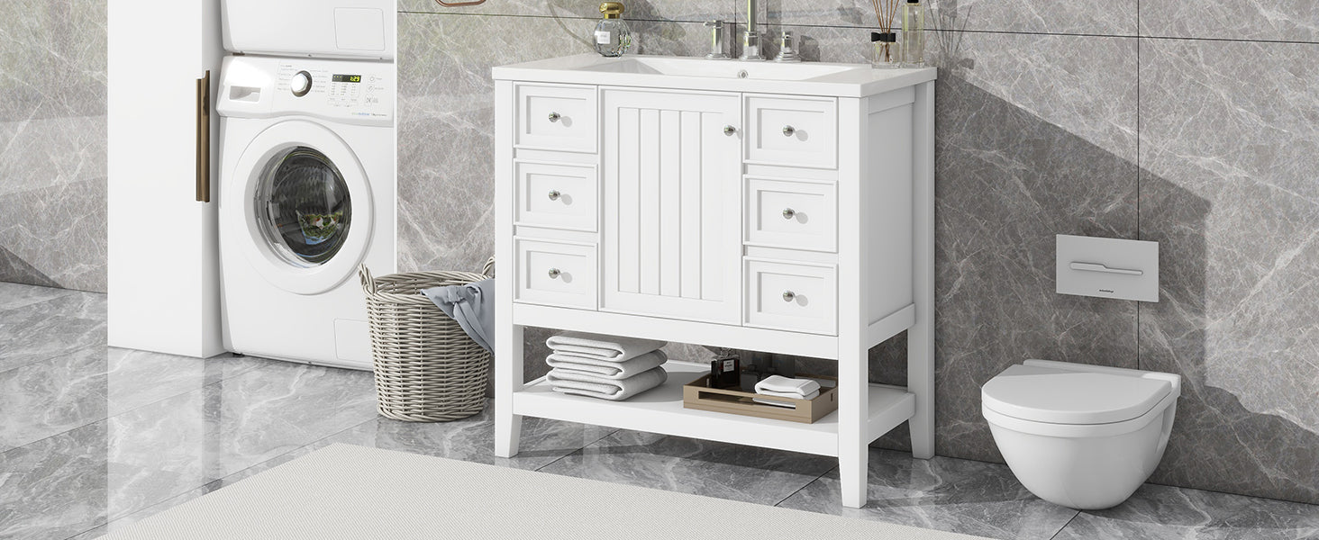 36" Bathroom Vanity With Sink Combo, One Cabinet And Three Drawers, Solid Wood And Mdf Board, White White Solid Wood Mdf