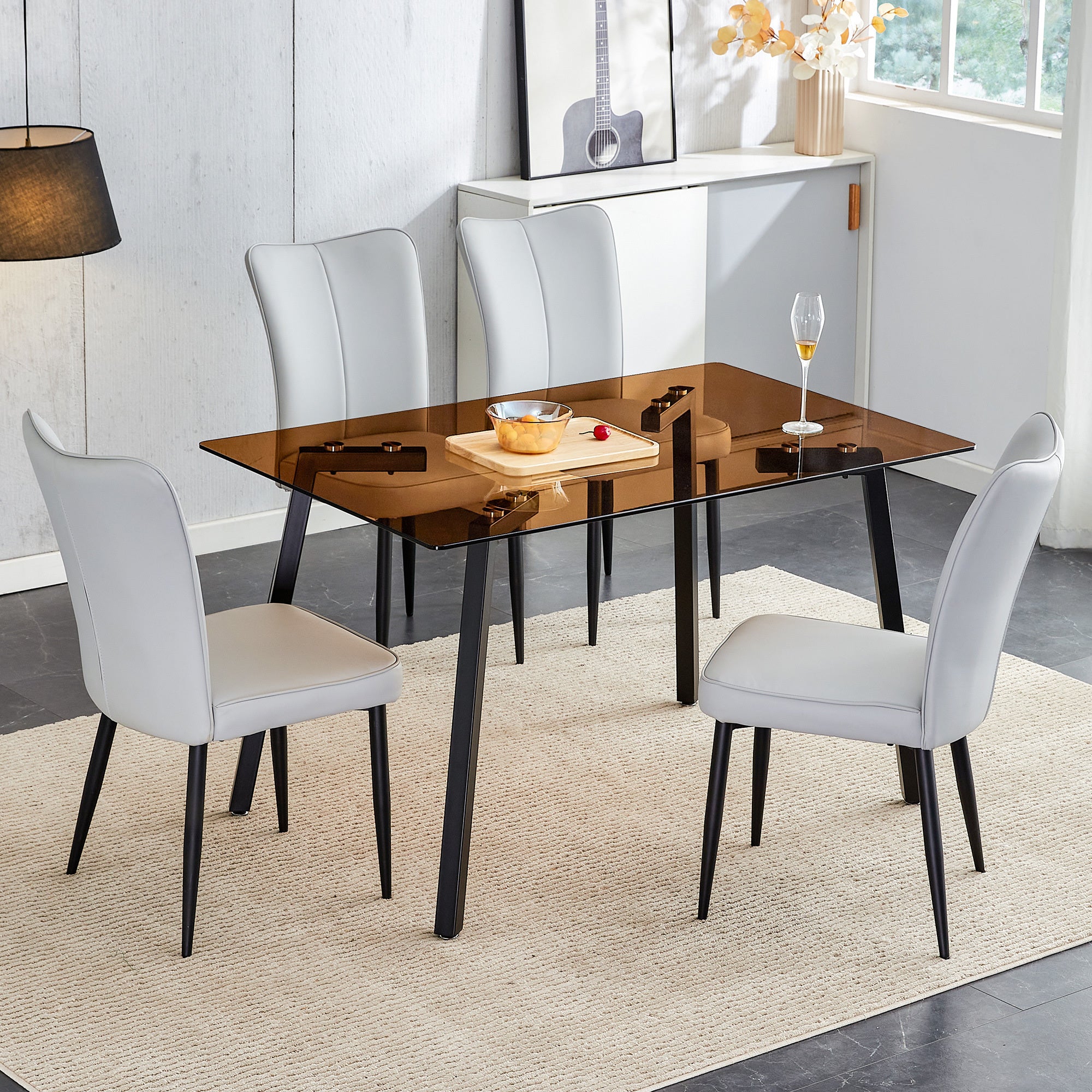 One Table And 4 Light Gray Pu Chairs. Rectangular Tea Brown Glass Dining Table, Tempered Glass Tabletop And Black Metal Legs, Suitable For Kitchen, Dining Room, And Living Room, 51 "* 31.5" * 29.5" Dark Brown Glass