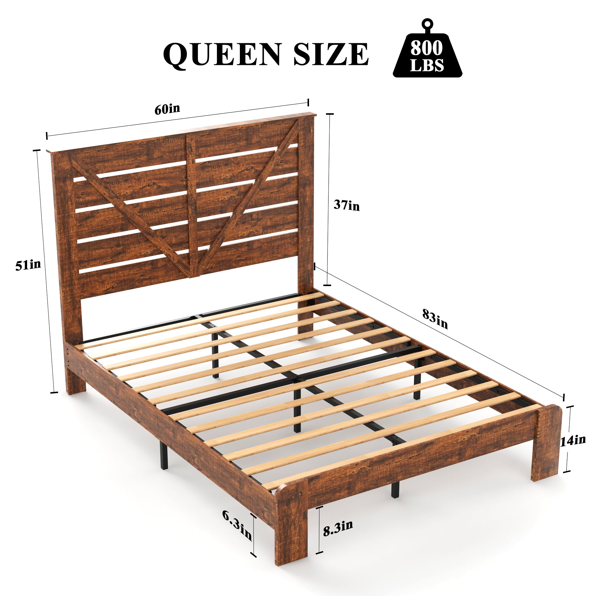 Queen Bed Frame Headboard , Wood Platform Bed Frame box spring not required-queen-dark