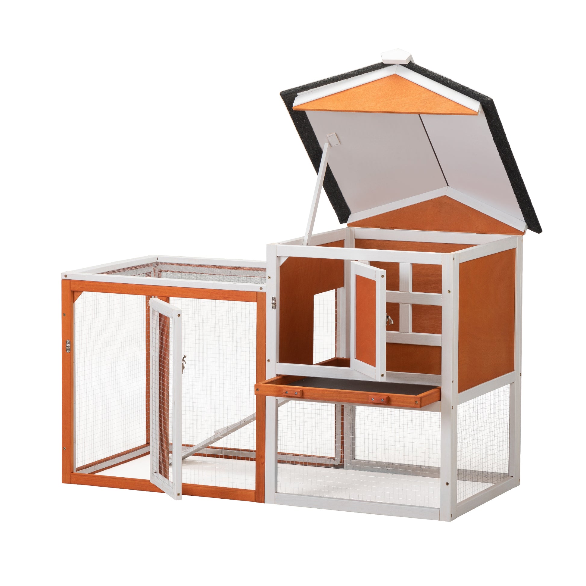 2 Story Wooden Rabbit Hutch Bunny Cage, Chicken Coop, Pet House For Small Animals, Orange White Orange Wood Metal