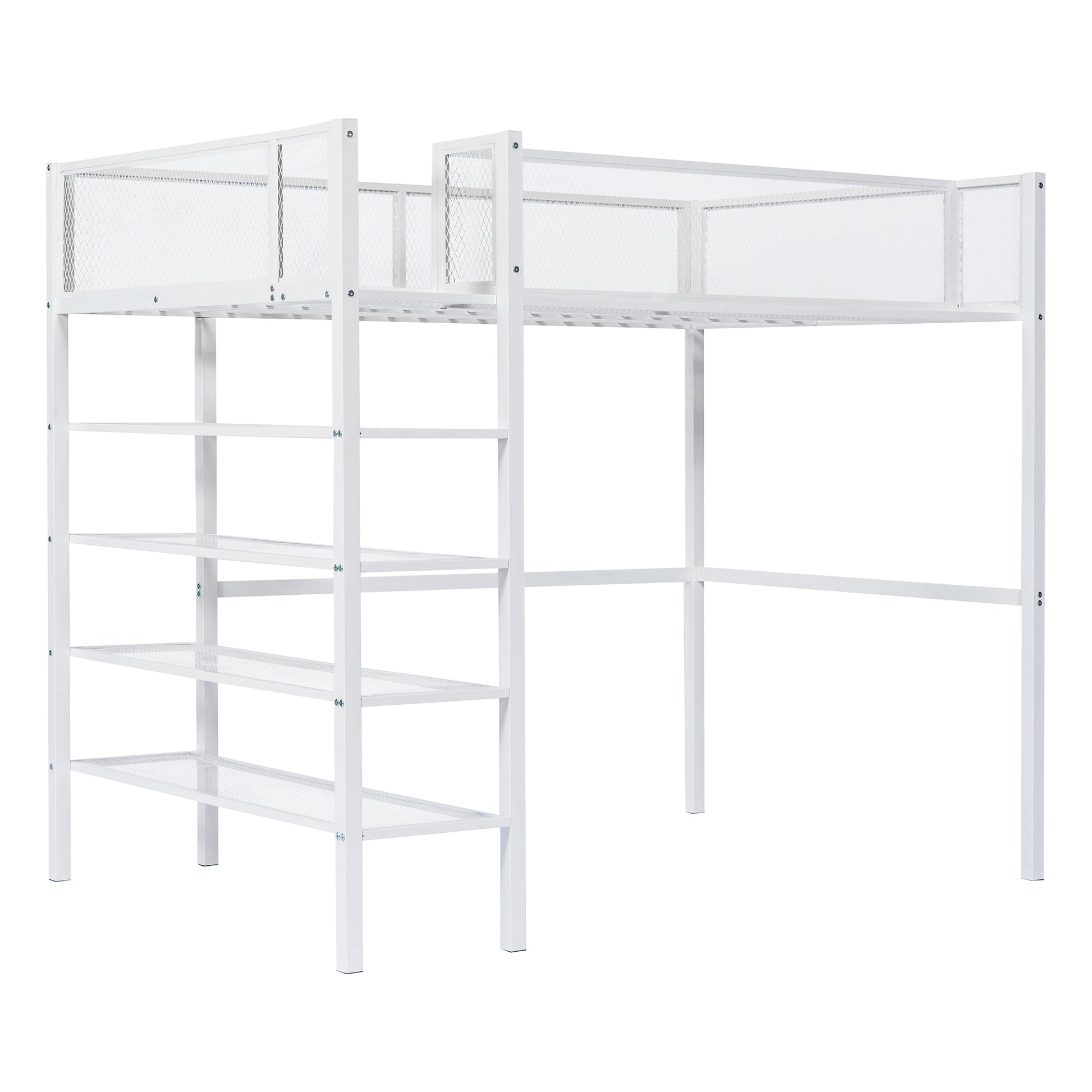 Twin Size Metal Loft Bed With 4 Tier Shelves And Storage, White White Metal