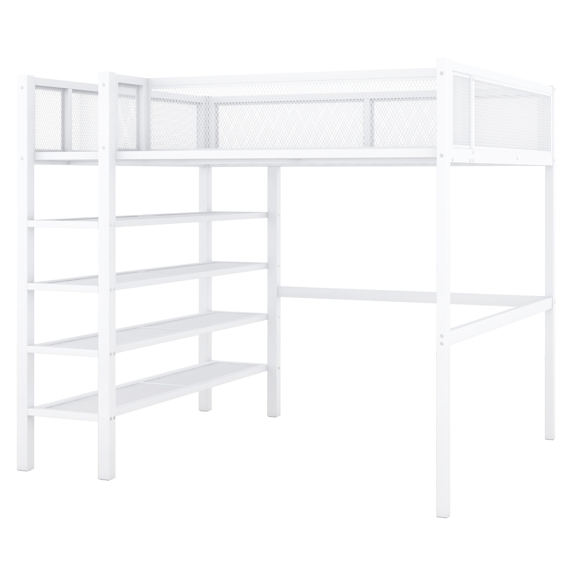 Full Size Metal Loft Bed With 4 Tier Shelves And Storage, White Full White Metal