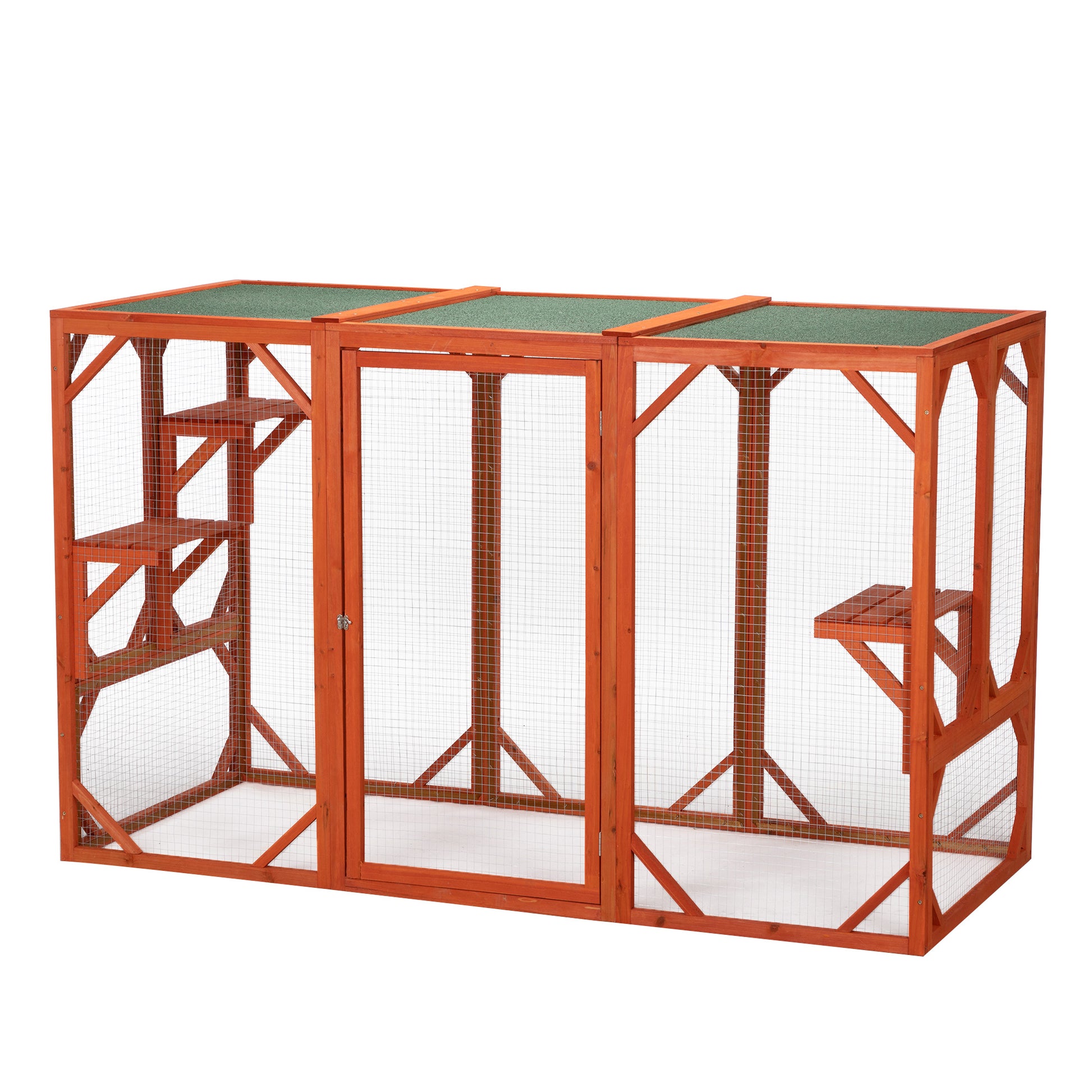 Wooden Cat House, Outdoor Cat Cage With Water Proof Asphalt Planks And Cat Perches, Orange Orange Wood Metal