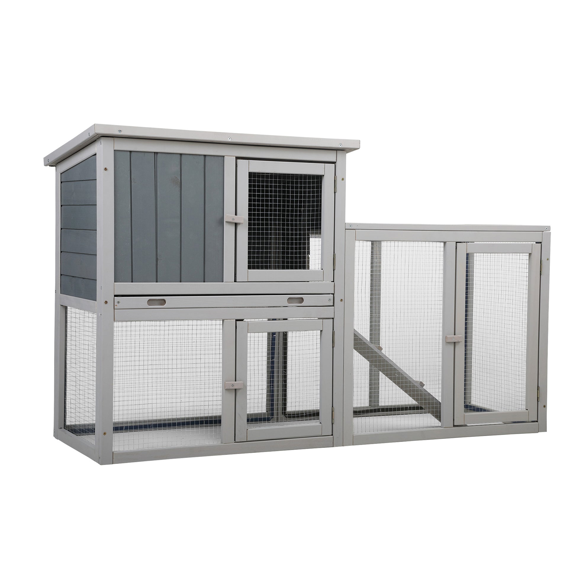 Wooden Rabbit Hutch Chicken Coop With 1 Removable Tray And 3 Lockable Doors For Indoor And Outdoor Use, Gray White Gray Wood Metal