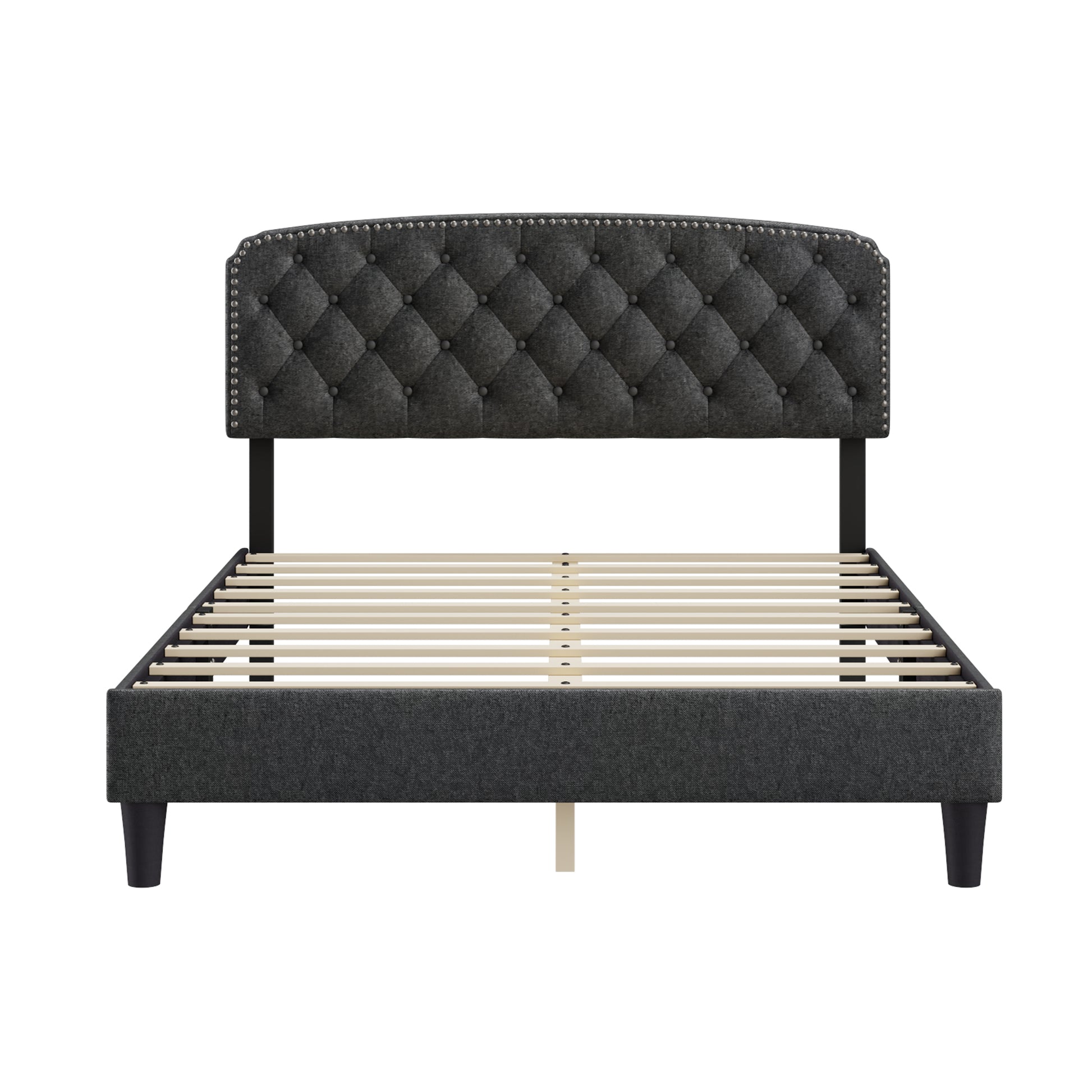 Queen Size Adjustable Headboard With Fine Linen Upholstery And Button Tufting For Bedroom, Wave Top Dark Grey Dark Grey Wood