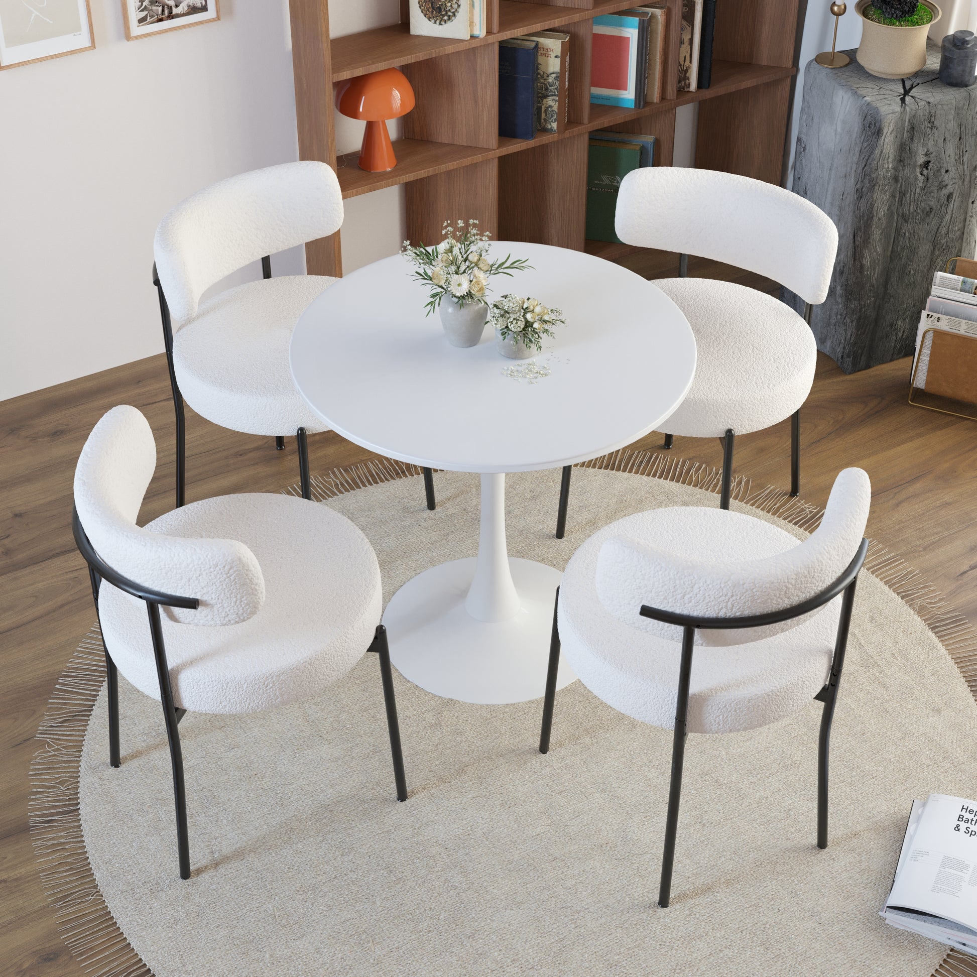 5 Pieces 31.5 Inch Round Dining Table Set For 4 And 4 Pieces Upholstered Chairs For Four Person, Mdf Table Top, Off White Faux Fur With White Table Leg For Kitchen, Reception Room White Mdf Metal