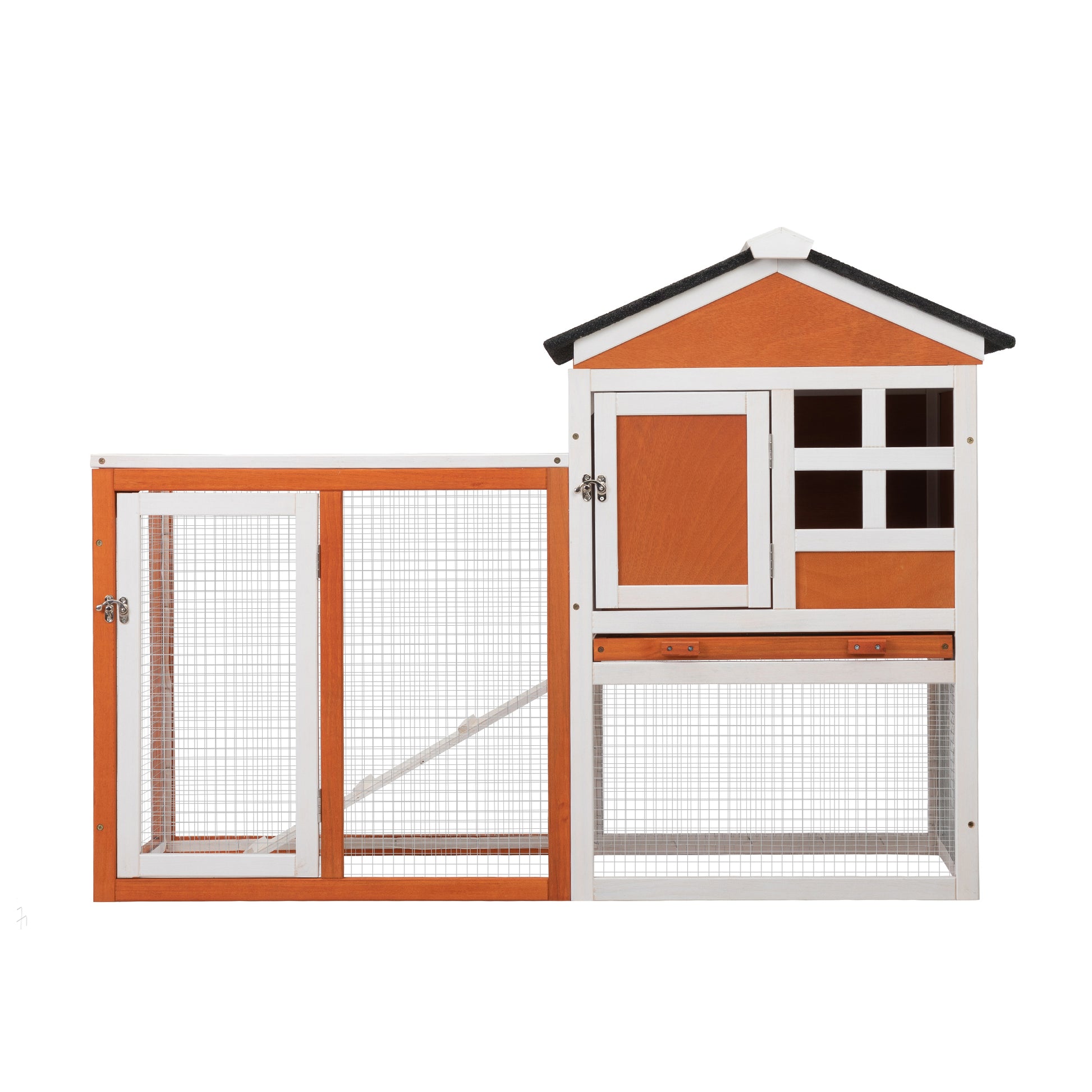 2 Story Wooden Rabbit Hutch Bunny Cage, Chicken Coop, Pet House For Small Animals, Orange White Orange Wood Metal