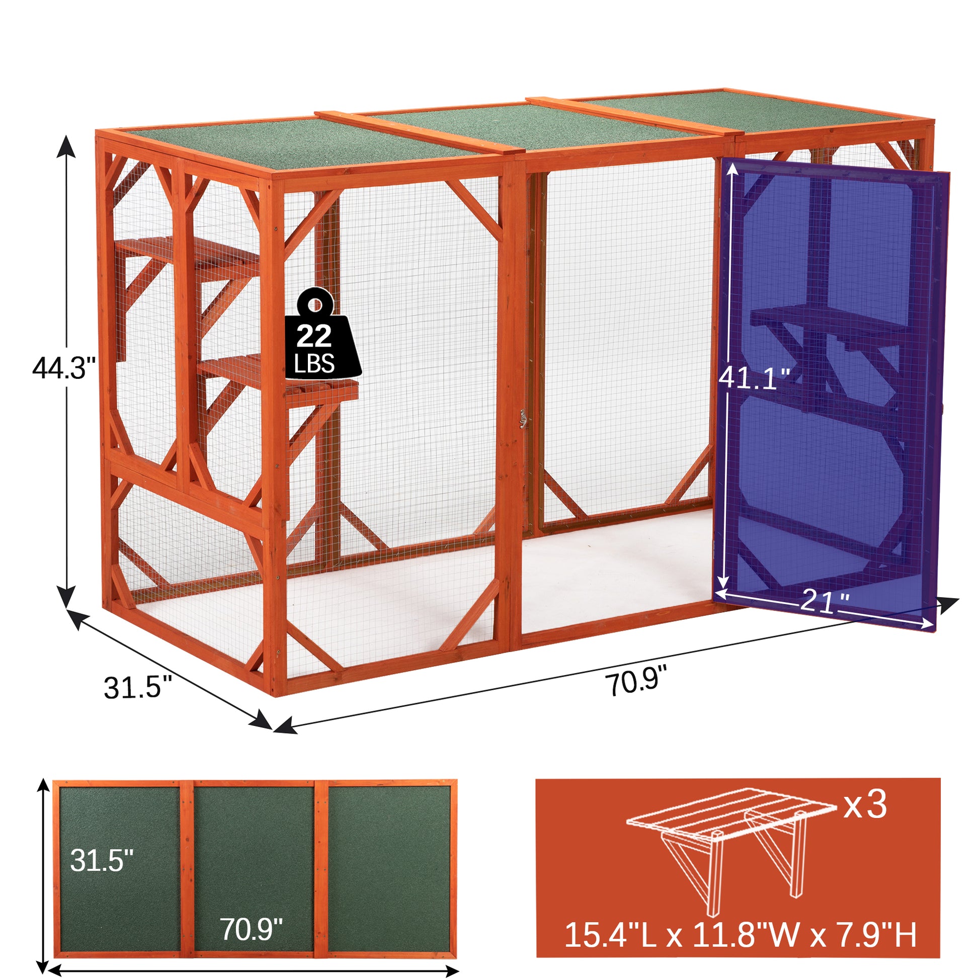 Wooden Cat House, Outdoor Cat Cage With Water Proof Asphalt Planks And Cat Perches, Orange Orange Wood Metal