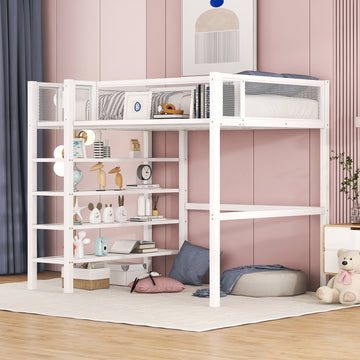 Twin Size Metal Loft Bed With 4 Tier Shelves And Storage, White White Metal