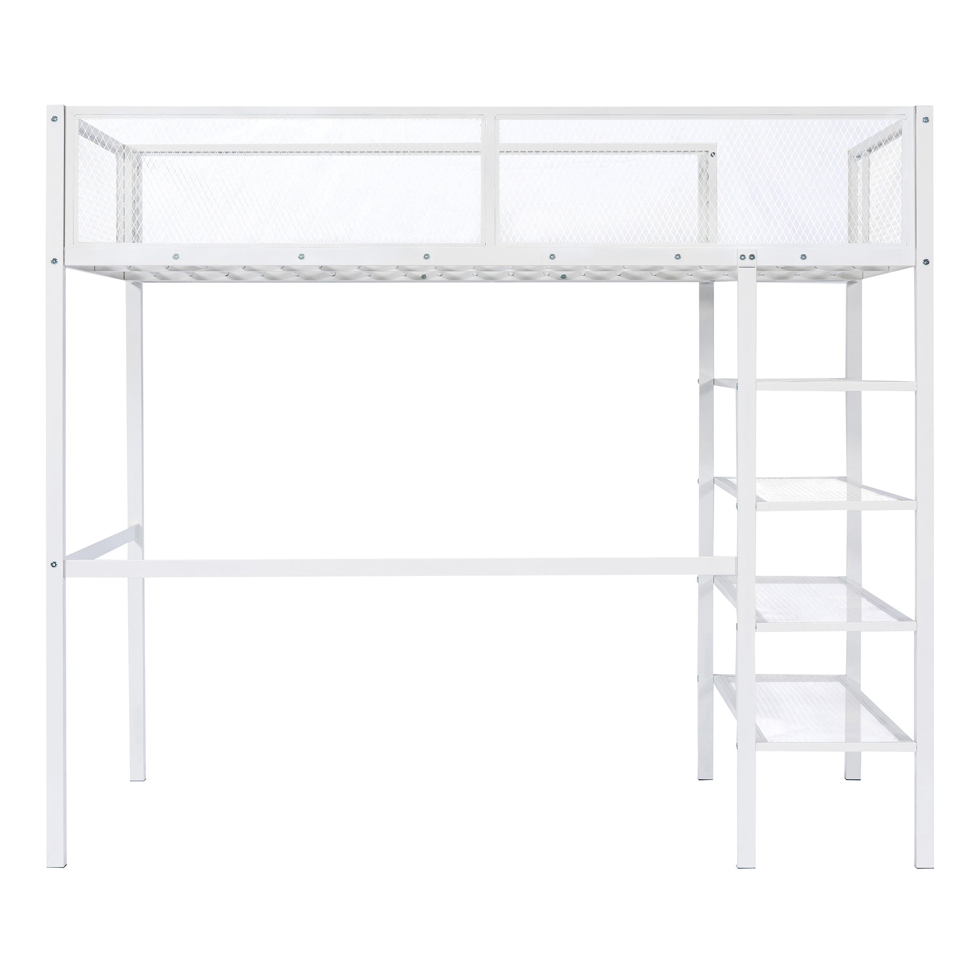 Twin Size Metal Loft Bed With 4 Tier Shelves And Storage, White White Metal