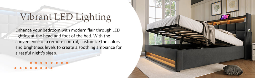 Queen Size Upholstered Platform Bed With A Hydraulic Storage System, Led And Usb Charging, Grey Without Mattress Queen Grey Metal & Wood