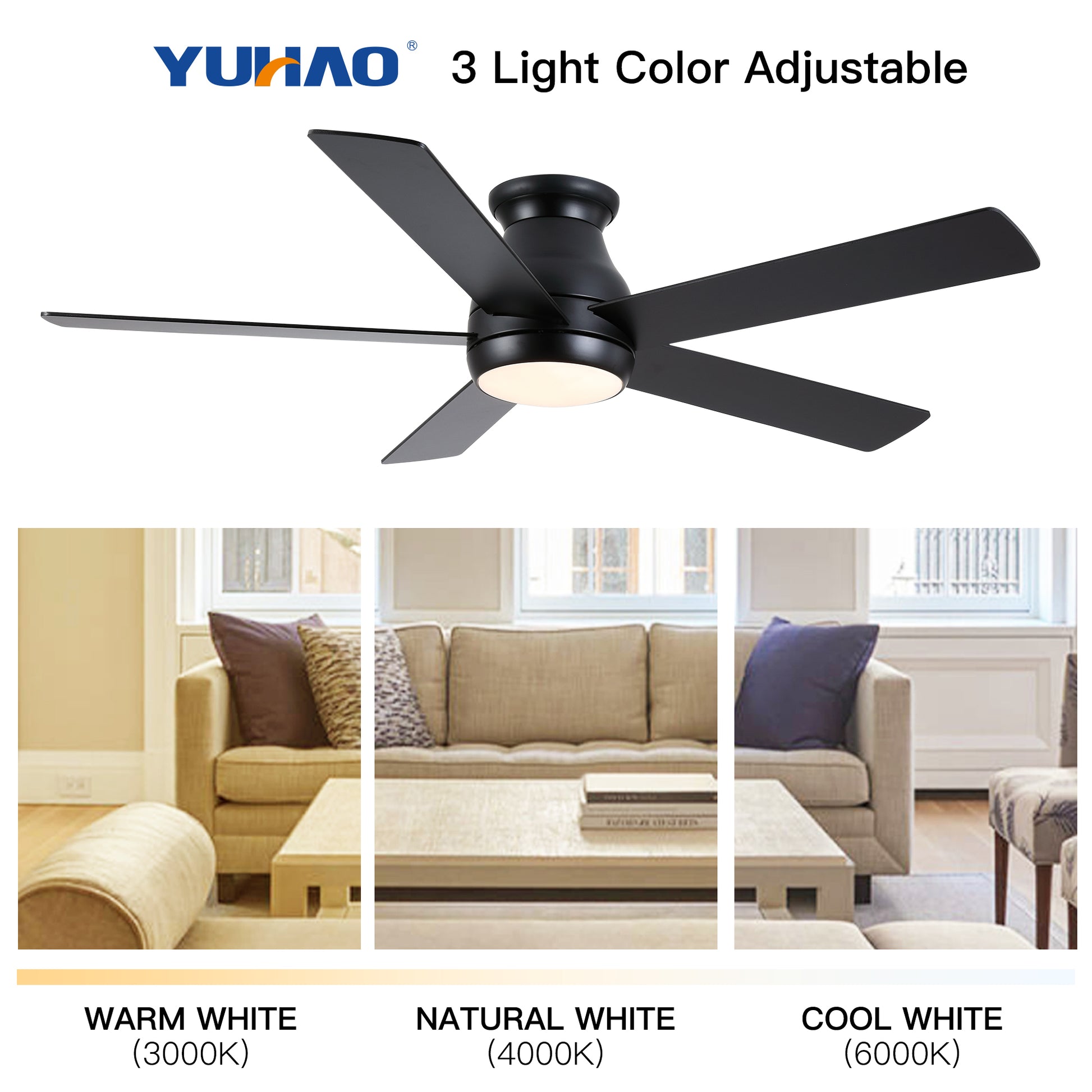 52" Low Profile Ceiling Fan With Lights Antique Black Modern Plywood Metal