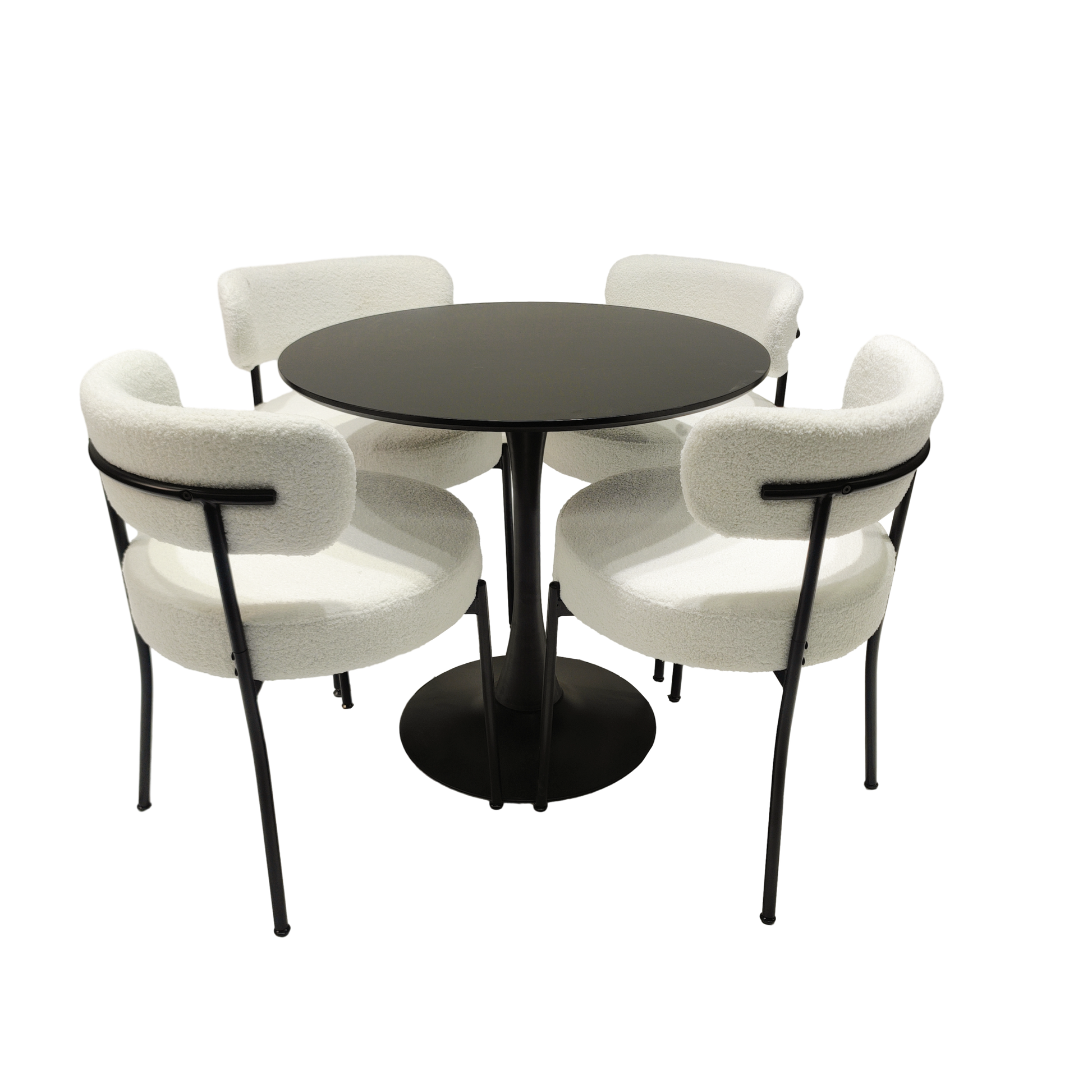 White Dining Chairs Set Of 2, Mid Century Modern Dining Chairs, Kitchen Dining Room Chairs, Curved Backrest Round Upholstered Boucle Dining Chair With Black Metal Legs Metal White Black Kitchen Dining Chairs Foam Velvet