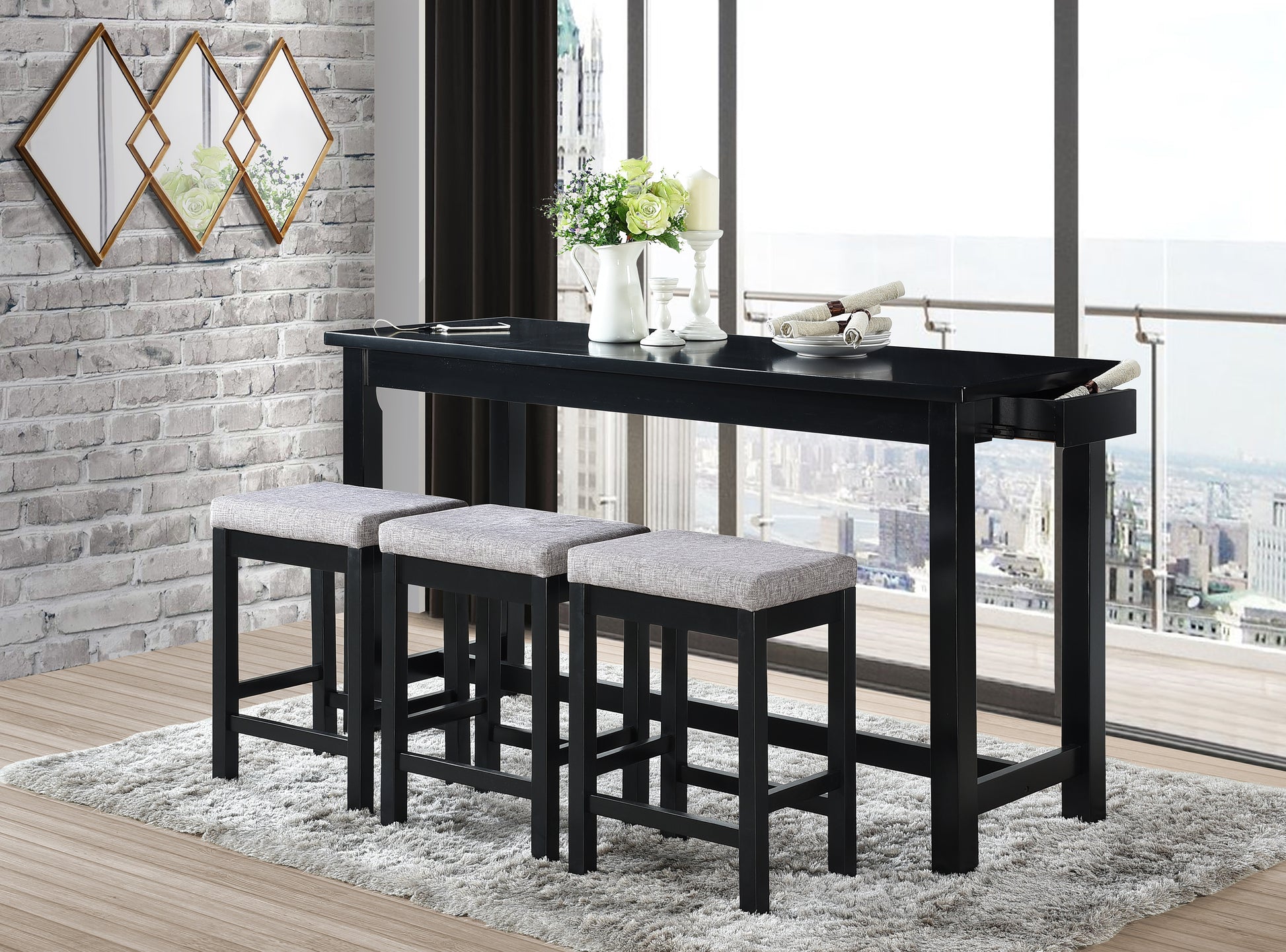 4Pc Counter Height Dining Set Black Finish Counter Height Table W Draw