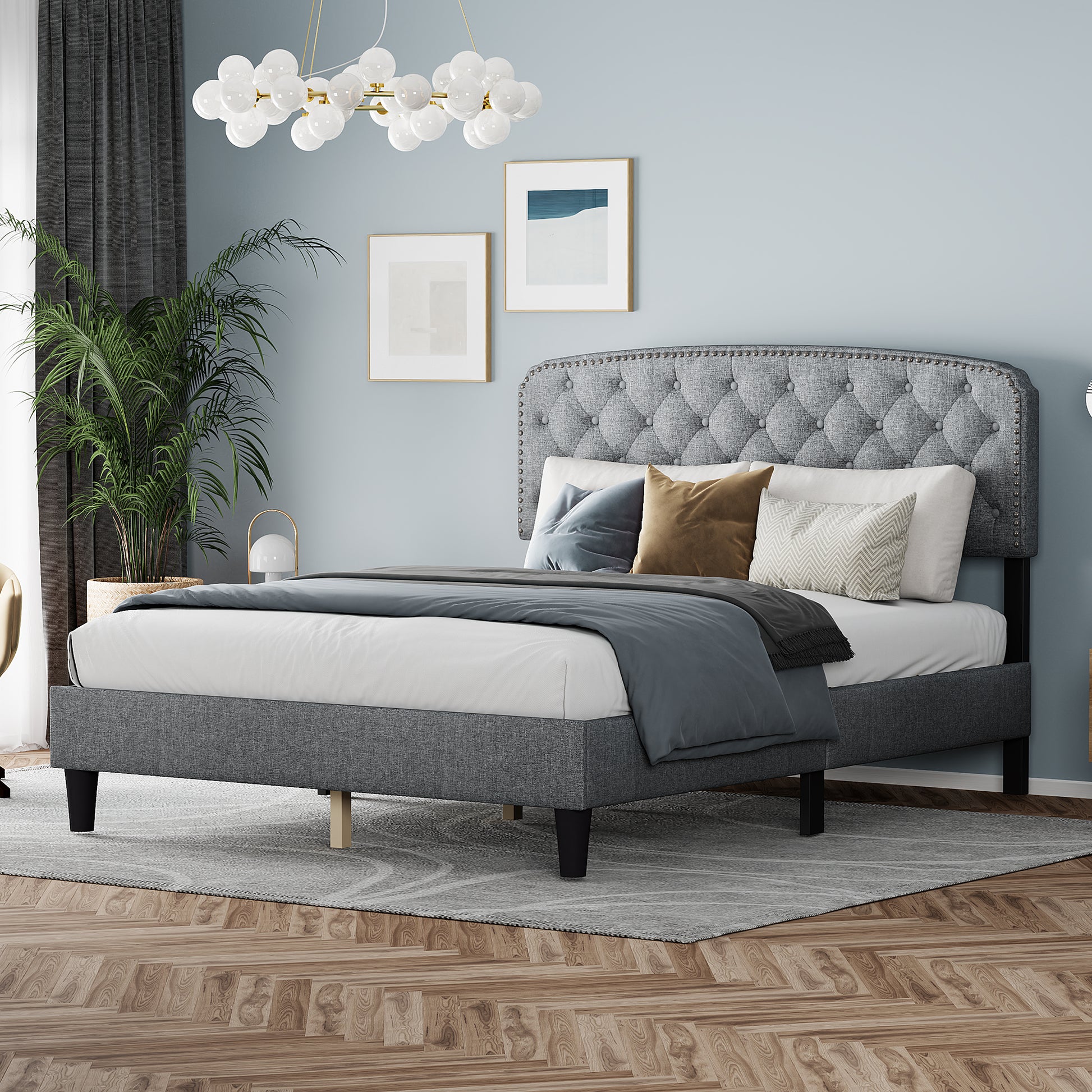 Queen Size Adjustable Headboard With Fine Linen Upholstery And Button Tufting For Bedroom, Wave Top Light Grey Light Grey Wood