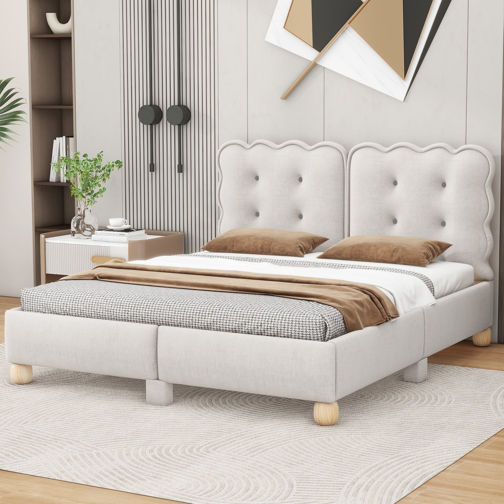 Queen Size Upholstered Platform Bed with Support beige-upholstered