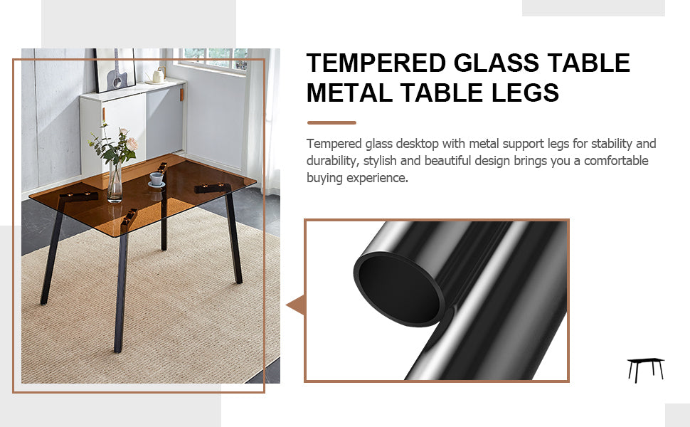 One Table And 4 Black Pu Chairs. Rectangular Tea Brown Glass Dining Table, Tempered Glass Tabletop And Black Metal Legs, Suitable For Kitchen, Dining Room, And Living Room, 51 "* 31.5" * 29.5" Dark Brown Glass