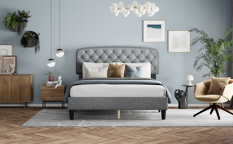 Queen Size Adjustable Headboard With Fine Linen Upholstery And Button Tufting For Bedroom, Wave Top Light Grey Light Grey Wood