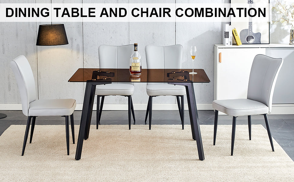 One Table And 4 Light Gray Pu Chairs. Rectangular Tea Brown Glass Dining Table, Tempered Glass Tabletop And Black Metal Legs, Suitable For Kitchen, Dining Room, And Living Room, 51 "* 31.5" * 29.5" Dark Brown Glass