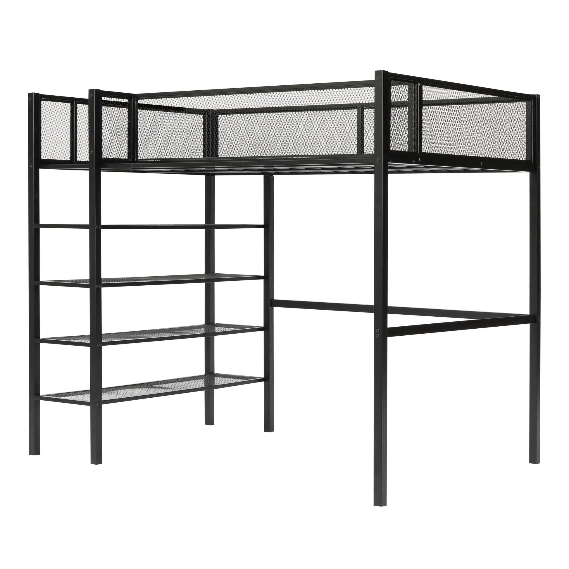 Twin Size Metal Loft Bed With 4 Tier Shelves And Storage, Black Black Metal