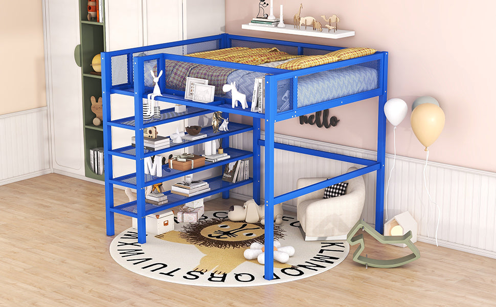 Full Size Metal Loft Bed With 4 Tier Shelves And Storage, Blue Full Blue Metal
