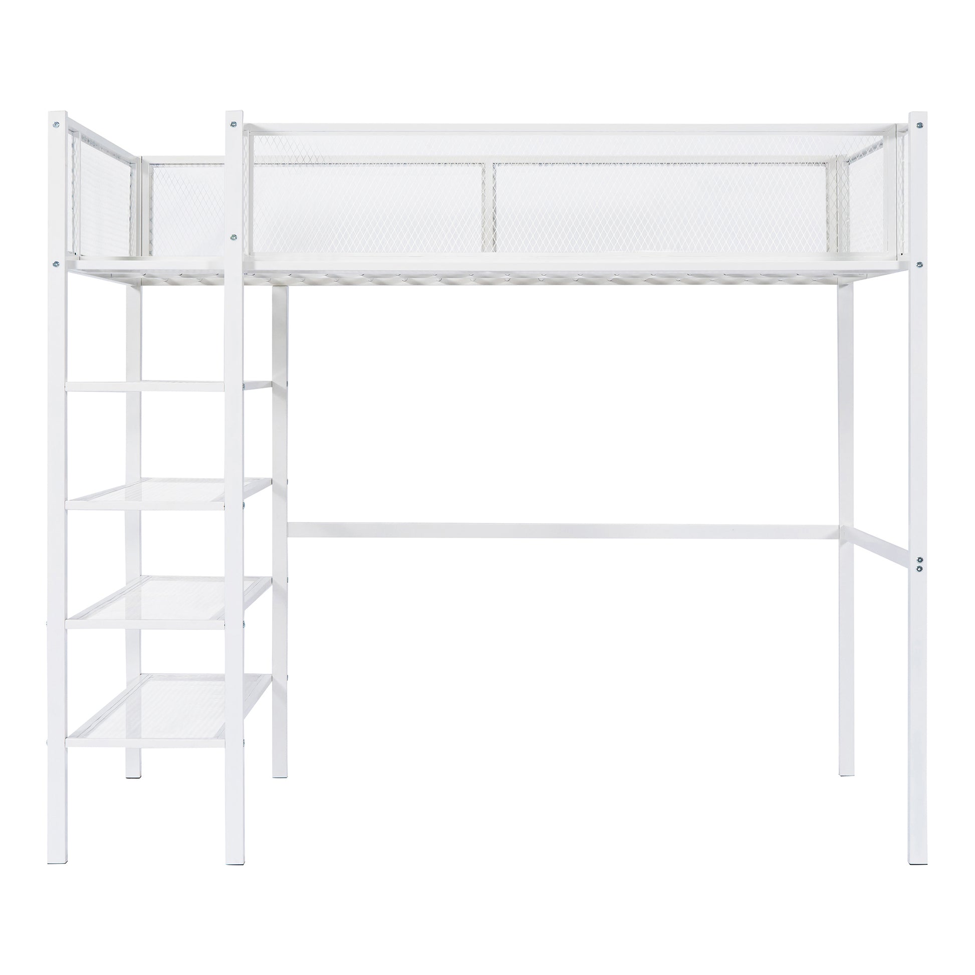 Twin Size Metal Loft Bed With 4 Tier Shelves And Storage, White White Metal