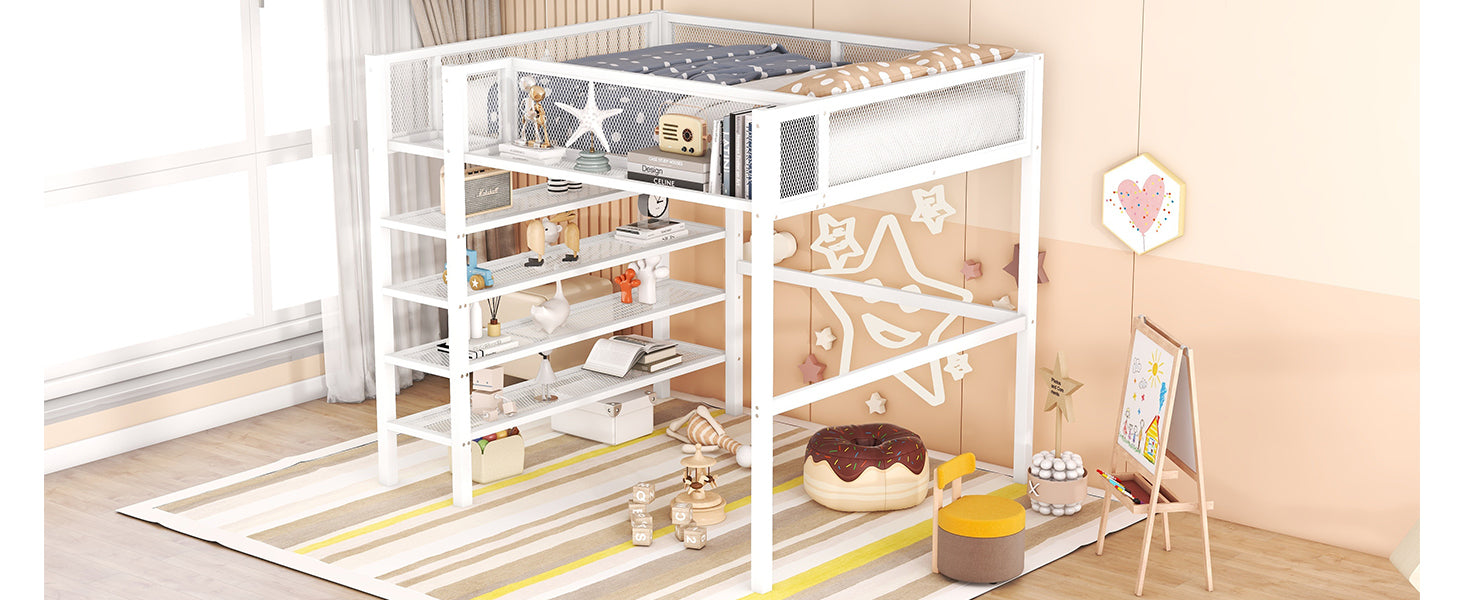 Full Size Metal Loft Bed With 4 Tier Shelves And Storage, White Full White Metal
