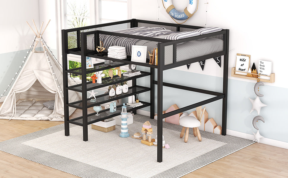 Full Size Metal Loft Bed With 4 Tier Shelves And Storage, Black Full Black Metal