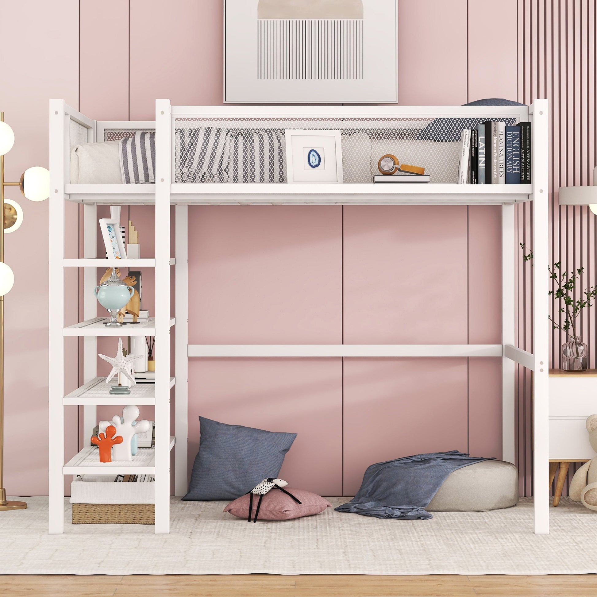 Twin Size Metal Loft Bed With 4 Tier Shelves And Storage, White White Metal