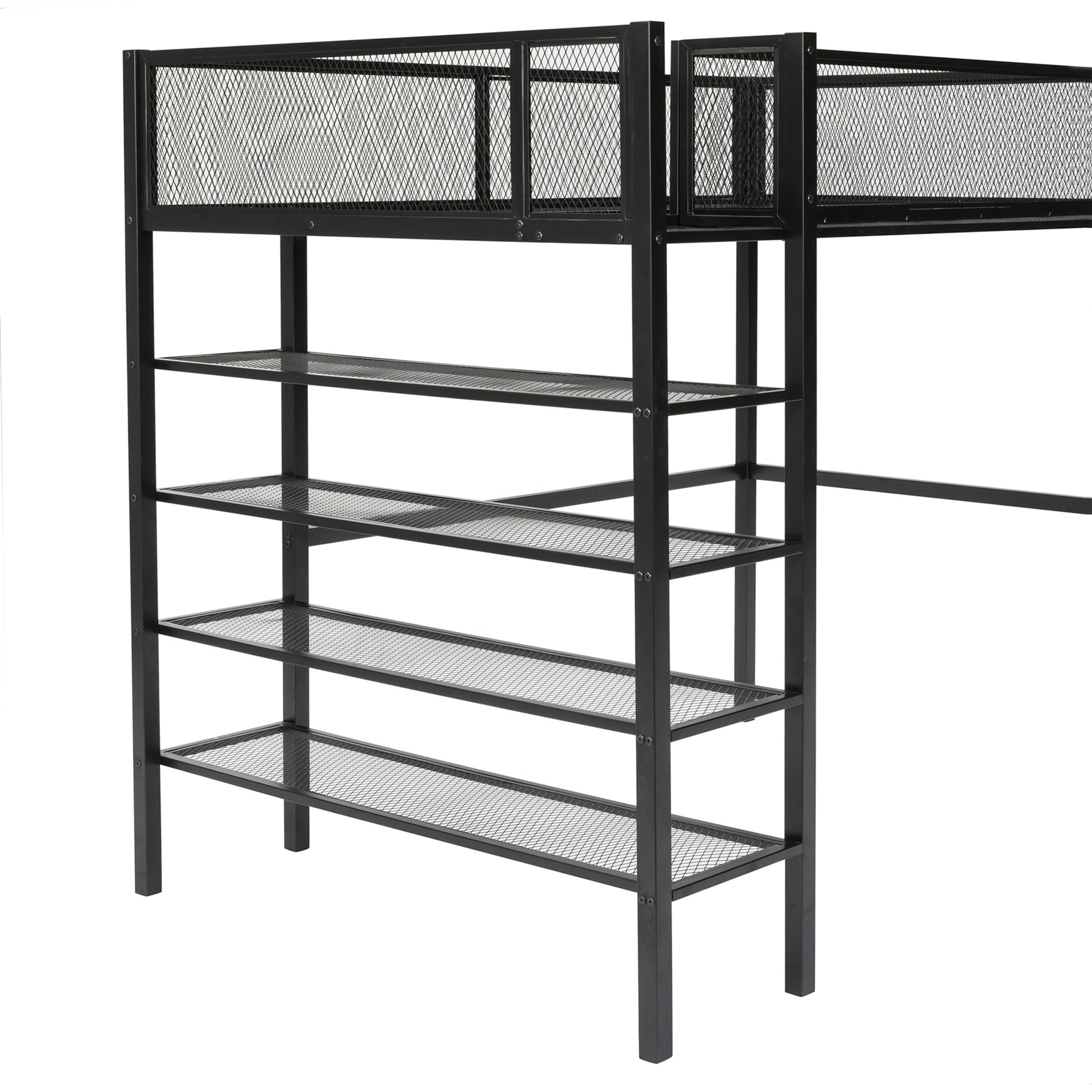 Twin Size Metal Loft Bed With 4 Tier Shelves And Storage, Black Black Metal