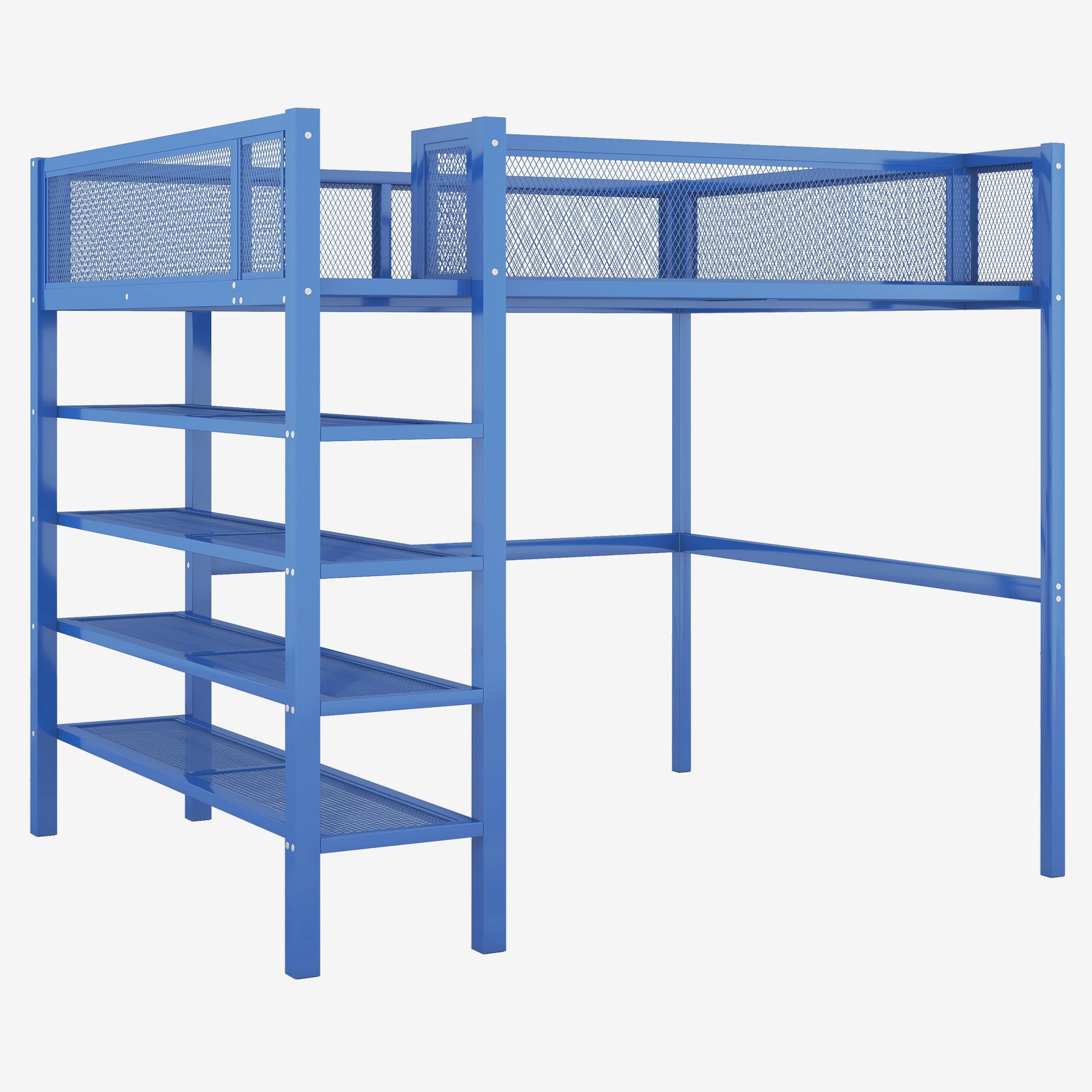 Full Size Metal Loft Bed With 4 Tier Shelves And Storage, Blue Full Blue Metal
