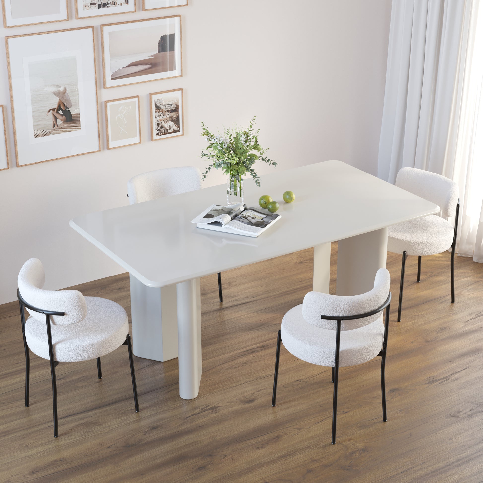 White Dining Chairs Set Of 4, Mid Century Modern Dining Chairs, Kitchen Dining Room Chairs, Curved Backrest Round Upholstered Boucle Dining Chair With Black Metal Legs Metal White Teddy Kitchen Dining Chairs Foam Velvet