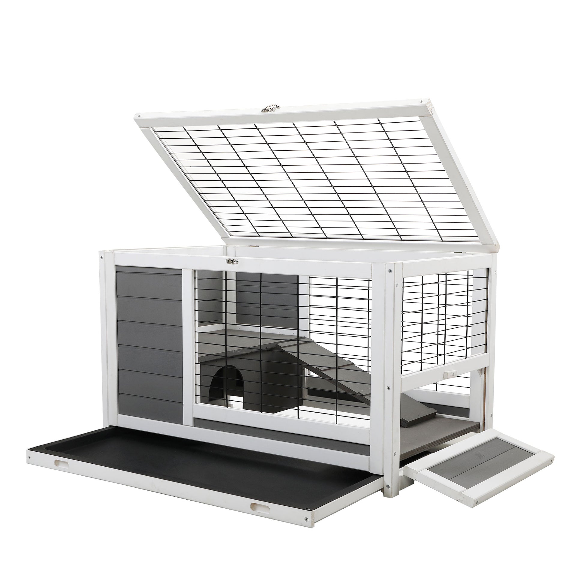 Luxury 2 Storey Pet House Box Wooden Cage Comfy Cabin For Small Animals, Grey White Grey Wood