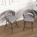 Bar Chair Linen Woven Bar Stool Set Of 2,Black Legs Barstools No Adjustable Kitchen Island Chairs,360 Swivel Bar Stools Upholstered Bar Chair Counter Stool Arm Chairs With Back Footrest, Grey Metal Grey Kitchen Dining Chairs Foam Linen