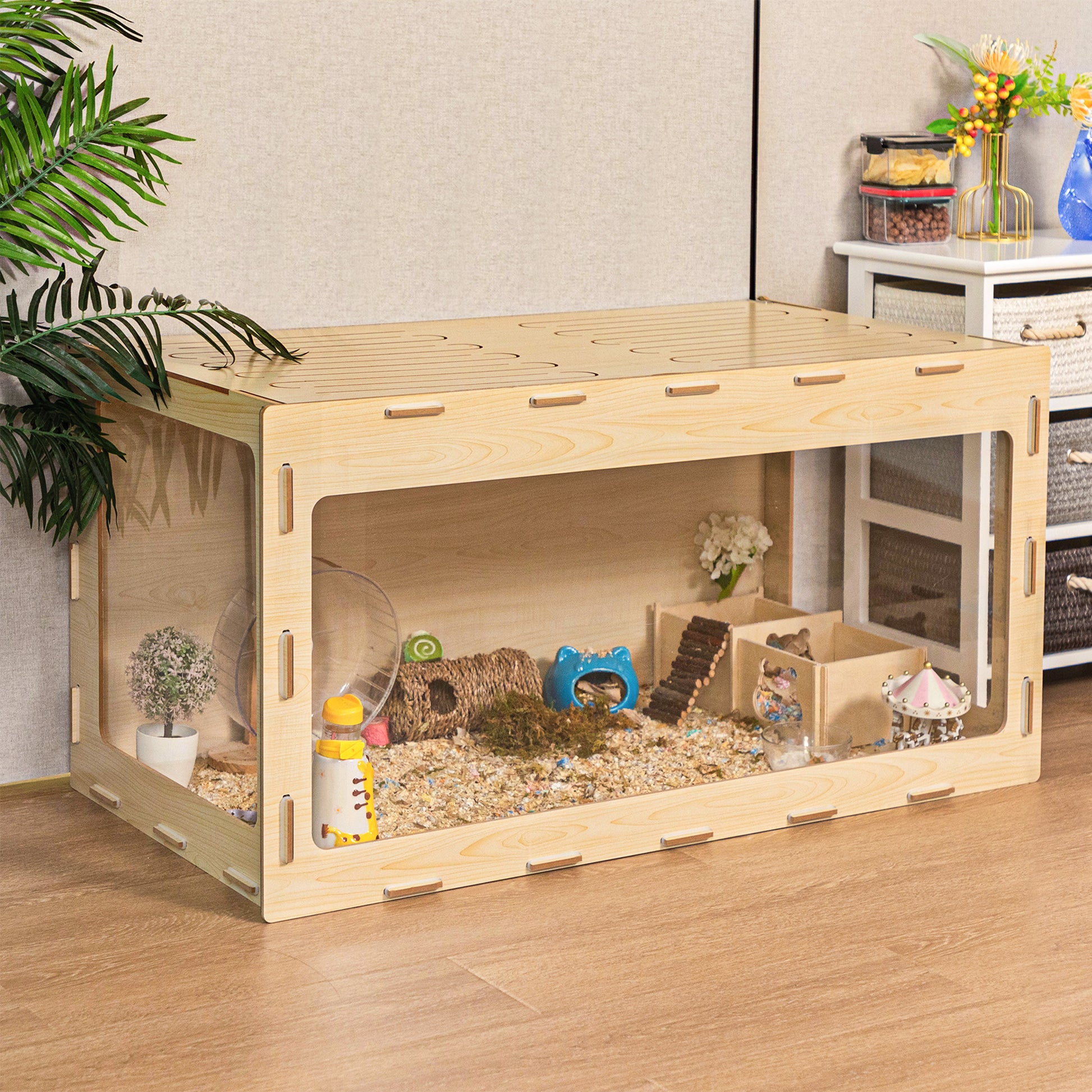 Wooden Hamster Cage Small Animals House, Acrylic Hutch For Dwarf Hamster, Guinea Pig, Chinchilla, Opening Top With Air Vents Natural Mdf