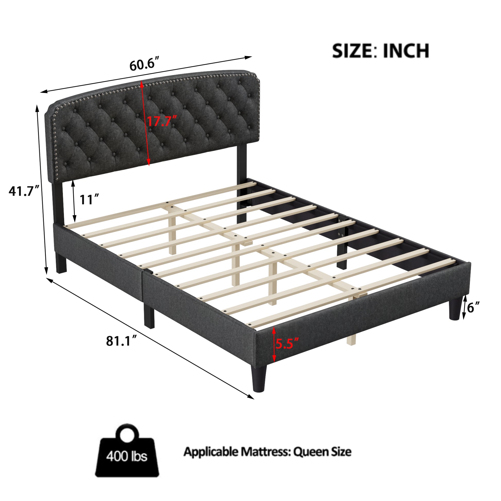 Queen Size Adjustable Headboard With Fine Linen Upholstery And Button Tufting For Bedroom, Wave Top Dark Grey Dark Grey Wood