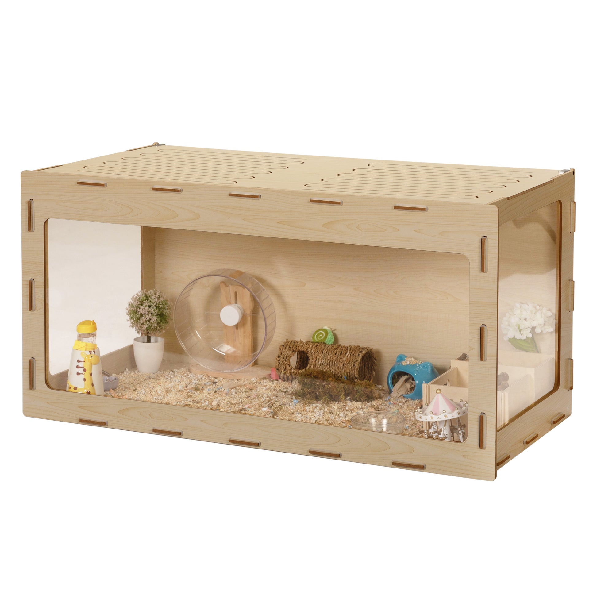 Wooden Hamster Cage Small Animals House, Acrylic Hutch For Dwarf Hamster, Guinea Pig, Chinchilla, Opening Top With Air Vents Natural Mdf