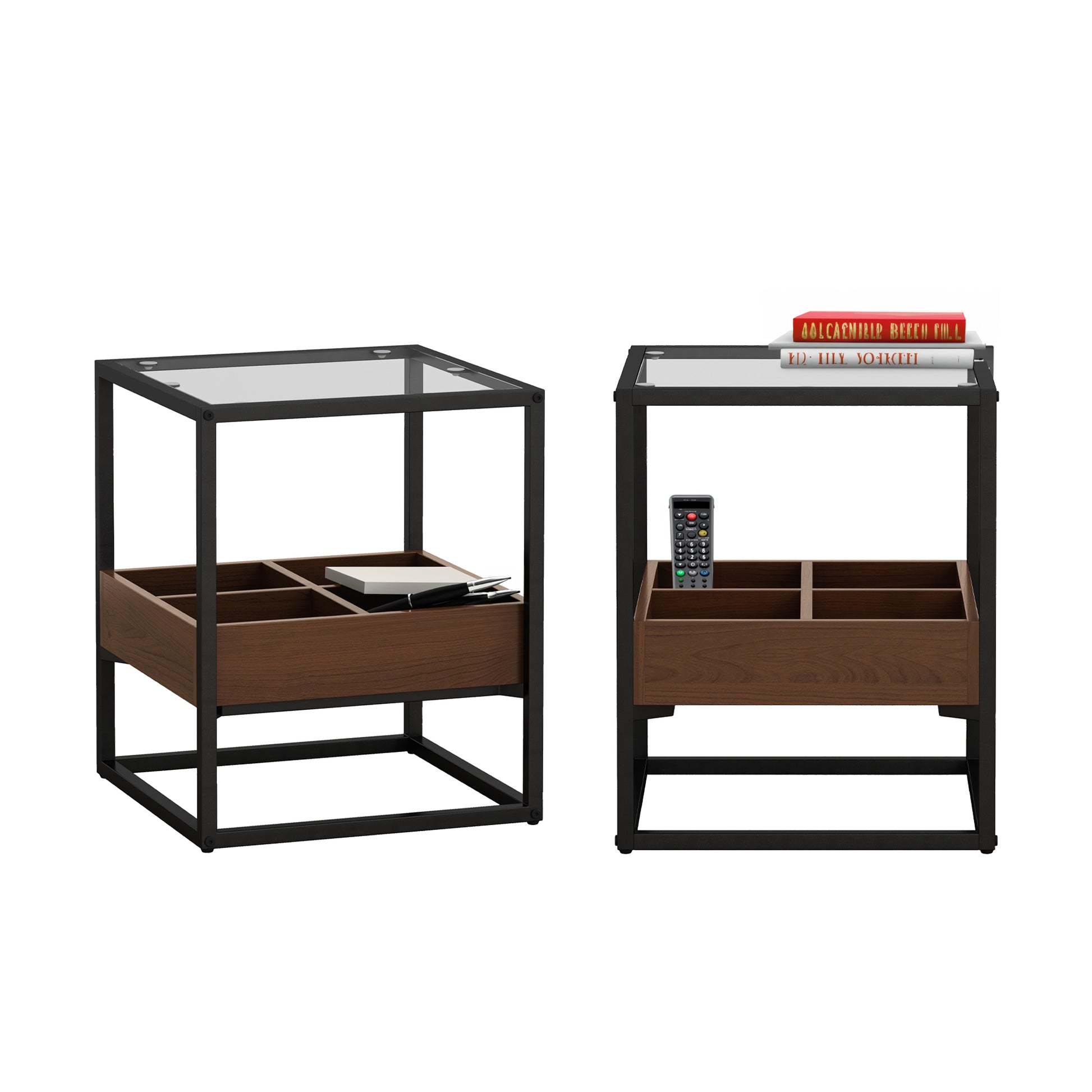 17.72" Modern Coffee Table Side Table, Nightstand With Storage Shelf And Metal Legs For Bedroom, Living Room Set Of 2 Black Mdf Glass
